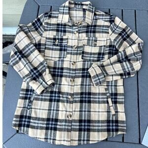 Tan with black plaid button down flannel shirt with pockets, women's M-L